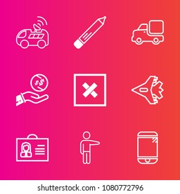 Premium set with outline vector icons. Such as phone, white, jetliner, jet, people, technology, vehicle, showing, paper, closed, office, truck, money, mobile, sign, touchscreen, cell, lorry, delivery