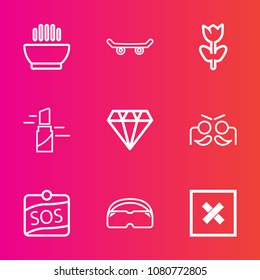 Premium set with outline vector icons. Such as street, extreme, crystal, skater, hot, festival, lipstick, dish, nature, dinner, glasses, skateboarding, fashion, carnival, skate, wood, board, holiday