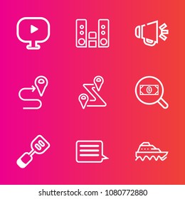 Premium set with outline vector icons. Such as pointer, map, utensil, play, kitchen, speaker, audio, cooking, gps, location, transport, media, cook, ship, button, player, sound, ocean, water, travel