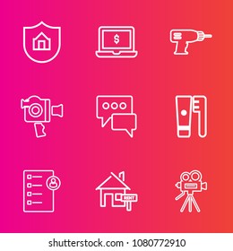 Premium set with outline vector icons. Such as rent, retro, internet, business, camera, home, safety, hygiene, document, laptop, job, care, brush, bubble, monitor, technology, message, work, electric