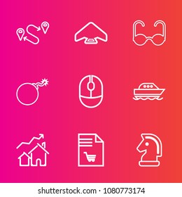 Premium set with outline vector icons. Such as chessboard, place, parachute, weapon, direction, navigation, shopping, sun, sign, sunglasses, real, water, yacht, supermarket, increase, position, sea