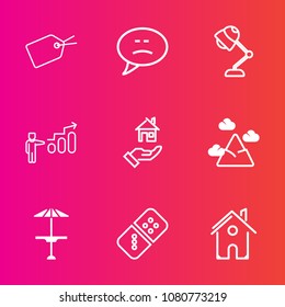 Premium set with outline vector icons. Such as table, chat, landscape, development, electricity, blue, lamp, game, success, pub, domino, personal, tag, growth, dialog, sky, house, play, home, light