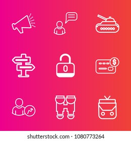Premium set with outline vector icons. Such as business, lock, open, person, view, vision, style, room, optical, dont, sound, voice, fashion, protection, hanger, security, army, doorknob, account, gun