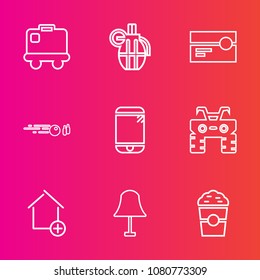 Premium set with outline vector icons. Such as luggage, tourism, dirt, interior, property, coffee, terminal, touchscreen, cafe, stereo, war, lamp, bag, atv, music, hand, hit, technology, cell, house