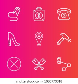 Premium set with outline vector icons. Such as water, sale, cell, technology, canoe, label, boat, woman, navigation, telephone, shop, style, bag, sign, travel, equipment, phone, discount, location