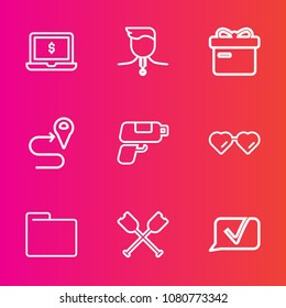 Premium set with outline vector icons. Such as navigation, gift, business, office, communication, fashion, paddle, medal, pc, internet, laptop, water, blank, notebook, achievement, map, gold, award