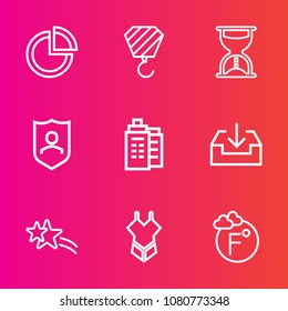 Premium set with outline vector icons. Such as protection, data, building, bikini, thermometer, graph, graphic, web, watch, pie, industry, security, star, sand, glass, download, scale, temperature