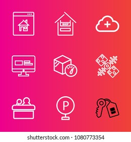 Premium set with outline vector icons. Such as food, weight, trolley, property, grocery, add, space, buy, store, presentation, market, website, meeting, online, conference, woman, customer, internet