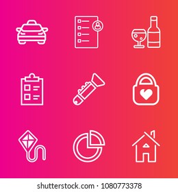 Premium set with outline vector icons. Such as fashion, business, travel, document, joy, transport, summer, interview, check, style, drink, mark, musical, taxi, pie, alcohol, leather, red, chart, list