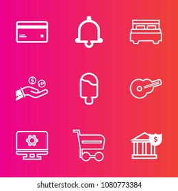 Premium set with outline vector icons. Such as furniture, comfortable, white, music, business, setting, technology, double, alarm, finance, bank, alert, musical, trolley, hand, computer, sign, bed