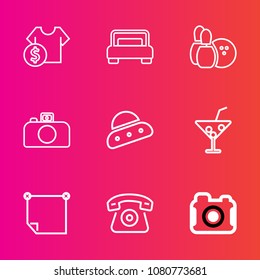 Premium set with outline vector icons. Such as summer, photography, note, price, game, juice, telephone, bedroom, ball, bowling, clothes, mobile, space, ship, stick, house, hotel, store, spaceship