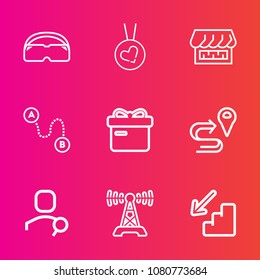 Premium set with outline vector icons. Such as account, present, downstairs, curtain, internet, search, upstairs, white, holiday, communication, map, music, travel, store, market, modern, glasses, box