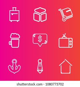 Premium set with outline vector icons. Such as boat, anchor, video, tourist, screen, building, pub, male, suitcase, journey, technology, television, luggage, tourism, travel, nautical, tie, beer, trip