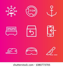 Premium set with outline vector icons. Such as digital, delivery, surgery, helm, bed, bedroom, wheel, order, mobile, white, rudder, return, customer, fashion, call, center, box, screen, nautical, sea