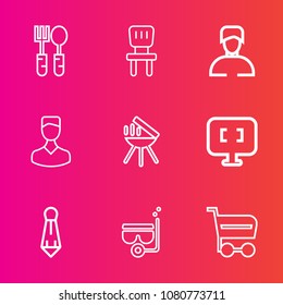 Premium set with outline vector icons. Such as summer, food, shop, computer, kitchen, cart, armchair, fashion, bbq, sea, chair, profile, white, trolley, room, meal, grill, human, boy, table, dinner