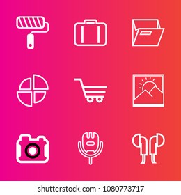 Premium set with outline vector icons. Such as work, suitcase, photographer, business, tool, retail, folder, cart, frame, travel, tourism, repair, technology, roll, brush, chart, roller, camera, bag