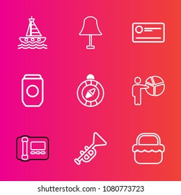 Premium set with outline vector icons. Such as travel, presentation, trumpet, stationary, bugle, compass, people, interior, phone, speed, north, office, electricity, food, lamp, direction, south, sea