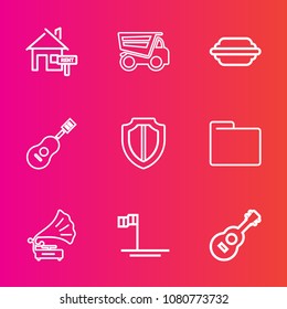 Premium set with outline vector icons. Such as retro, musical, real, guitar, vintage, dump, rent, record, ocean, concert, blue, security, transport, beach, burger, buy, blank, mortgage, home, heavy