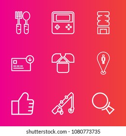 Premium set with outline vector icons. Such as concept, magnifying, internet, rod, dinner, money, pin, technology, kitchen, arrow, button, finance, cold, knife, map, meal, location, picnic, shirt, web