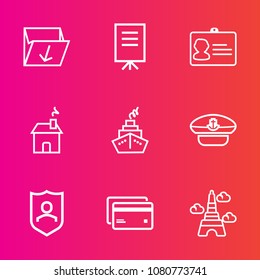 Premium set with outline vector icons. Such as identification, people, home, speaker, box, sailor, landmark, businesswoman, recycling, france, paris, business, ecology, captain, document, garbage, hat