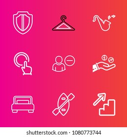 Premium set with outline vector icons. Such as clothes, account, double, finger, button, finance, guard, jazz, safety, coin, fashion, hand, paddle, bed, secure, shop, furniture, money, downstairs, oar