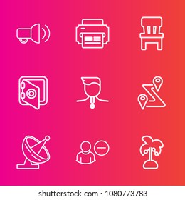Premium set with outline vector icons. Such as gold, nature, account, banking, user, home, road, computer, paper, loud, bank, chair, security, comfortable, navigation, palm, speech, technology, winner