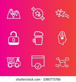 Premium set with outline vector icons. Such as city, decorative, falling, bar, banner, sparkle, idea, boy, truck, sign, concept, abstract, element, map, dumper, meteor, gps, man, location, business