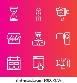 Premium set with outline vector icons. Such as minute, schedule, england, westminster, mouse, shop, film, handle, retro, movie, internet, london, professional, sand, clock, big, account, countdown, uk