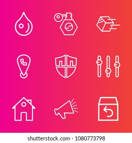 Premium set with outline vector icons. Such as speaker, return, estate, transparent, liquid, glass, mobile, water, beauty, bottle, map, shield, container, abstract, shipping, voice, droplet, nature