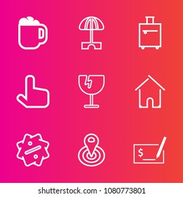 Premium set with outline vector icons. Such as pay, trip, beach, business, click, sun, pen, label, center, architecture, location, espresso, sign, mug, sale, point, suitcase, glass, travel, house, bag