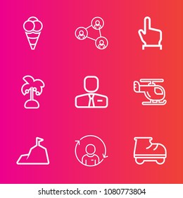 Premium set with outline vector icons. Such as landscape, summer, white, cutout, ice, sky, air, employee, blue, job, touch, business, fun, screen, finger, mobile, button, sweet, transport, cold, palm