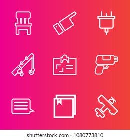 Premium set with outline vector icons. Such as electricity, plug, male, interior, technology, travel, file, hand, showing, white, aircraft, rod, sign, home, people, armchair, reel, comfortable, plane