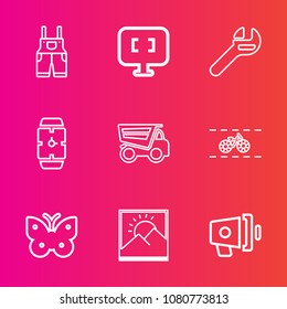 Premium set with outline vector icons. Such as watch, announcement, insect, dumper, frame, time, uniform, loud, jacket, megaphone, men, protection, computer, nature, loudspeaker, bike, hand, cycle, pc