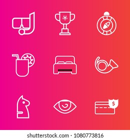 Premium set with outline vector icons. Such as body, chessboard, eye, snorkeling, game, chess, money, north, cup, winner, human, strategy, drink, bedroom, summer, furniture, glass, water, bugle, beach
