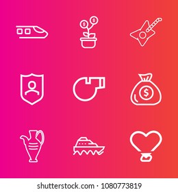 Premium set with outline vector icons. Such as shield, protection, sea, rock, financial, vase, train, green, success, ship, transport, decoration, musical, pottery, security, finance, investment, tree