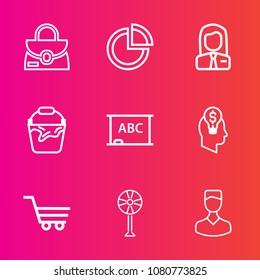 Premium set with outline vector icons. Such as man, electric, work, trolley, concept, profile, handle, style, avatar, pie, employee, leather, cooler, accessory, fashion, container, air, clean, graphic