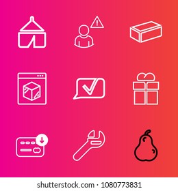 Premium set with outline vector icons. Such as gift, profile, equipment, wrench, alarm, network, repair, sack, brick, package, giftbox, summer, nature, adventure, business, internet, tent, web, fresh
