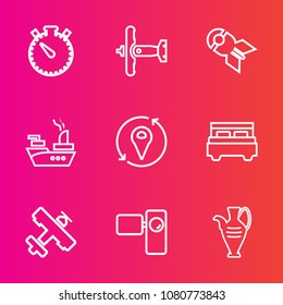 Premium set with outline vector icons. Such as boat, business, destruction, plane, marine, jug, camera, air, aviation, aircraft, attack, airplane, bed, timer, travel, bedroom, pottery, fly, watch, sea