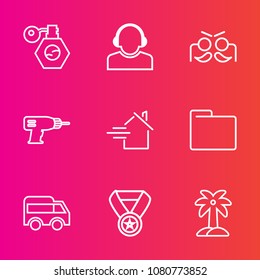 Premium set with outline vector icons. Such as award, rent, glass, palm, move, team, estate, container, drill, center, business, equipment, prize, holiday, bottle, file, cosmetic, tropical, blank, bus