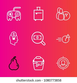 Premium set with outline vector icons. Such as button, competition, luggage, arrow, sport, organic, computer, recreation, bag, marketing, tourist, tourism, search, concept, handle, trip, late, bucket