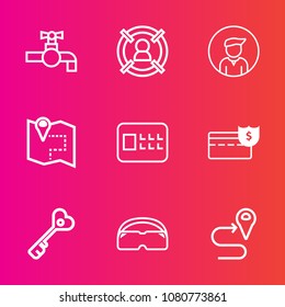 Premium set with outline vector icons. Such as young, target, house, group, pin, management, lock, door, cash, businessman, navigation, kitchen, sign, male, boy, money, customer, key, map, location