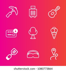 Premium set with outline vector icons. Such as utensil, money, food, cream, tourism, machinery, engineering, map, heavy, navigation, picking, crane, finance, dessert, location, landscape, building