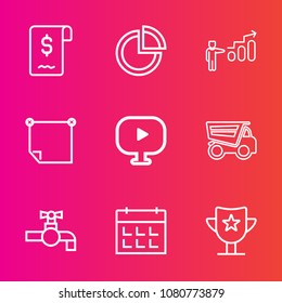 Premium set with outline vector icons. Such as note, diagram, pie, win, dumper, bathroom, personal, stick, sink, office, sign, prize, logo, day, sale, award, water, web, calendar, tap, paper, truck