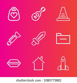Premium set with outline vector icons. Such as science, white, building, modern, house, music, rocket, medieval, travel, object, knight, burger, leather, lettuce, guitar, musical, bun, home, document