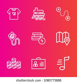 Premium set with outline vector icons. Such as point, fashion, warehouse, position, money, bank, travel, shirt, tshirt, business, poster, tune, coin, destination, joy, print, ocean, musical, t-shirt