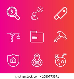 Premium set with outline vector icons. Such as juice, glass, connection, saw, web, location, food, technology, drink, radius, hammer, cycle, man, construction, cook, property, summer, internet, house