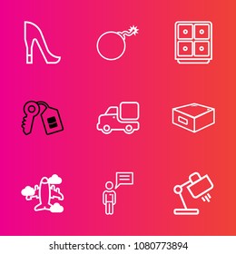 Premium set with outline vector icons. Such as airplane, key, explosion, female, nuclear, interior, bank, plane, communication, war, finance, security, aircraft, home, woman, weapon, transportation
