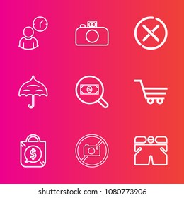 Premium set with outline vector icons. Such as price, hour, rain, umbrella, shape, stop, tag, shop, photo, red, white, open, wear, time, photography, concept, safety, search, template, shorts, lens