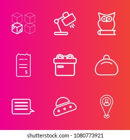 Premium set with outline vector icons. Such as people, home, pin, sign, transfer, gift, owl, present, bird, replacement, technology, object, money, style, package, paper, white, animal, space, table