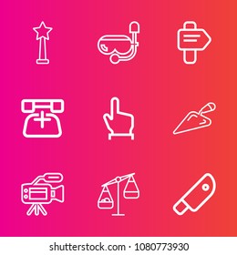 Premium set with outline vector icons. Such as summer, food, beach, touch, sport, button, construction, snorkel, video, measurement, phone, kitchen, sea, arrow, finger, snorkeling, mask, cut, lens